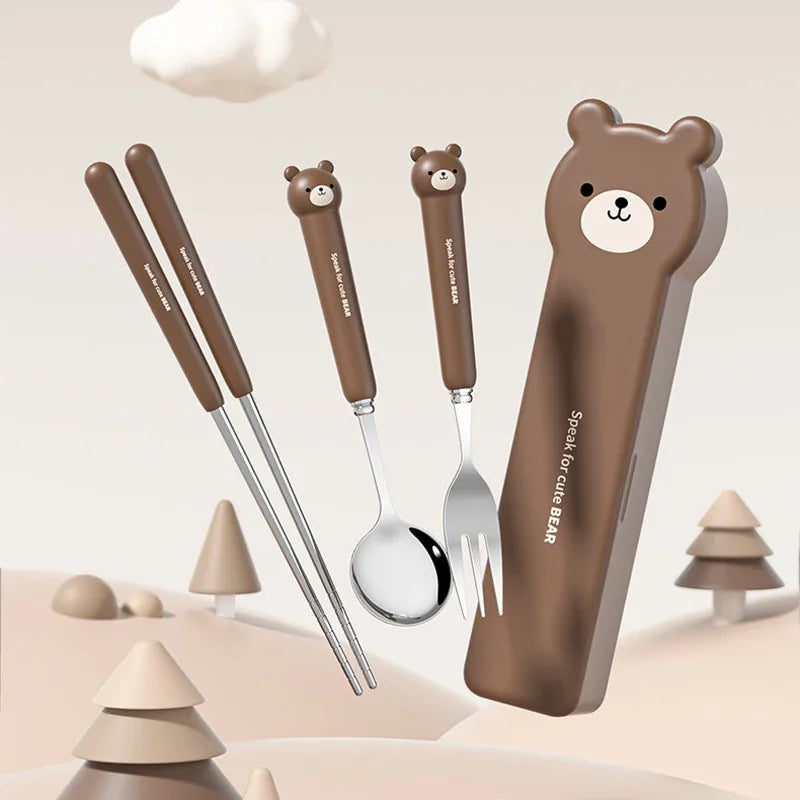 Cartoon Bear Cutlery Set with Case Stainless Steel